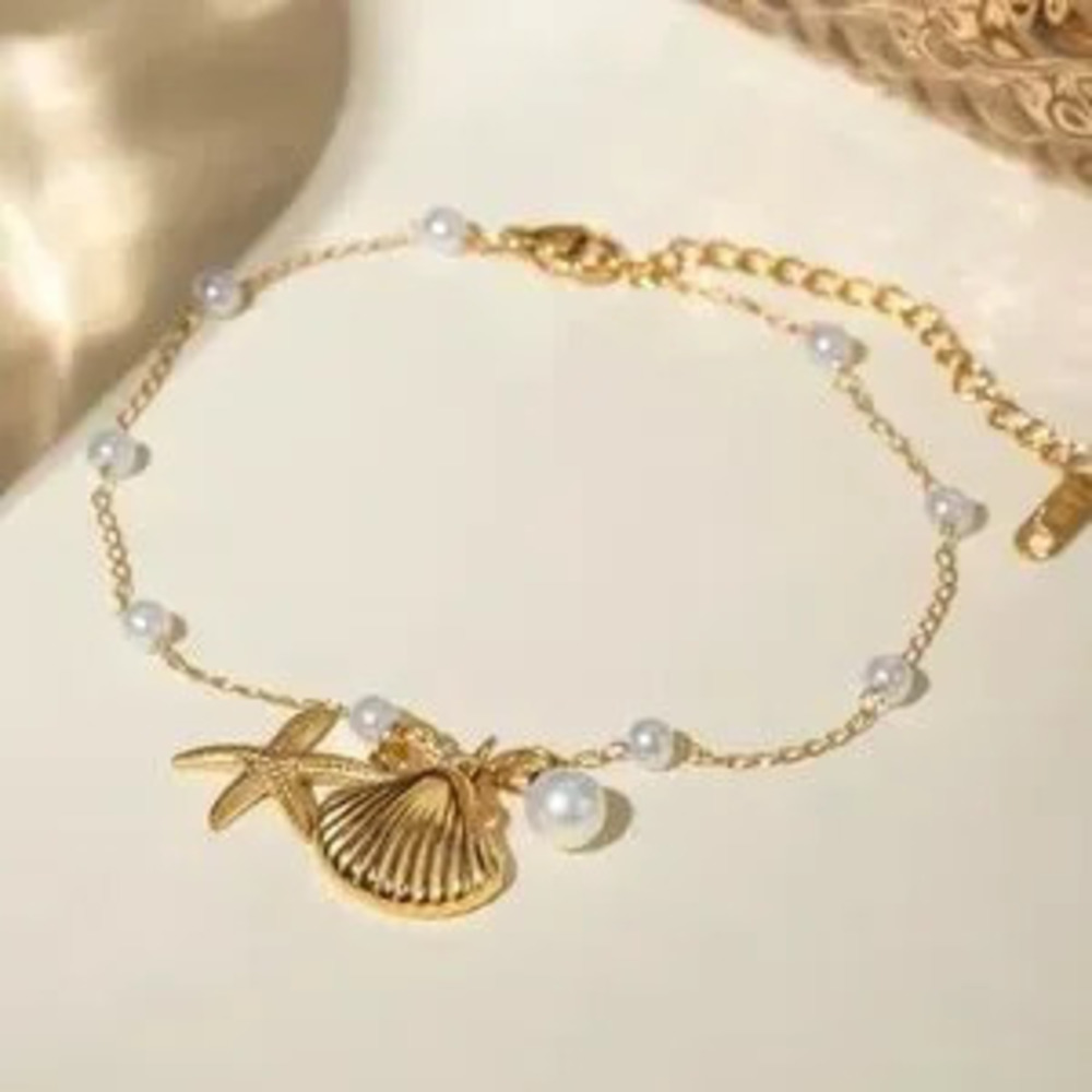 18K Gold Plated Stainless Steel Shell Starfish Imitation Pearl Pendant Anklet